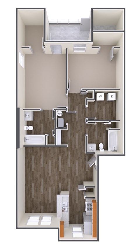 Floor plan for 2 beds, 2 baths, 1025 sqft